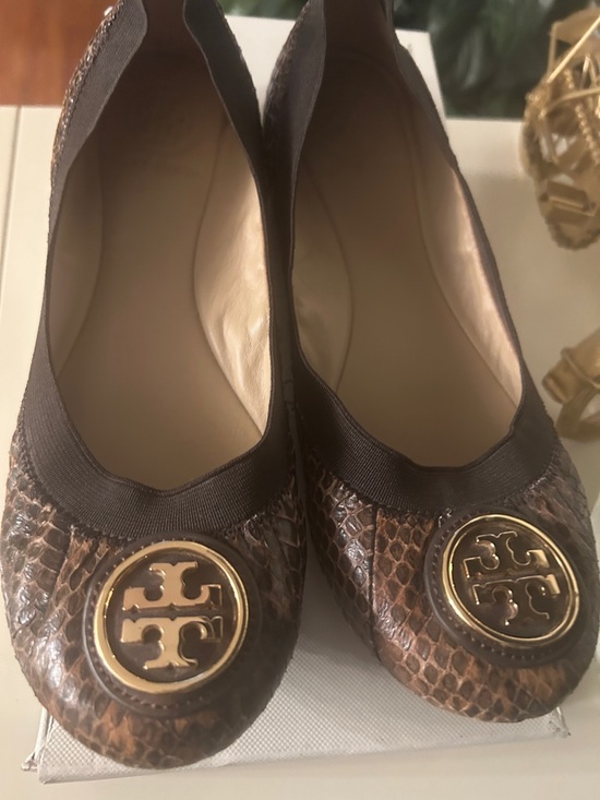 Tory Burch Shoes - Tory Burch Brown Snake-Embossed Logo Round-Toe Flats